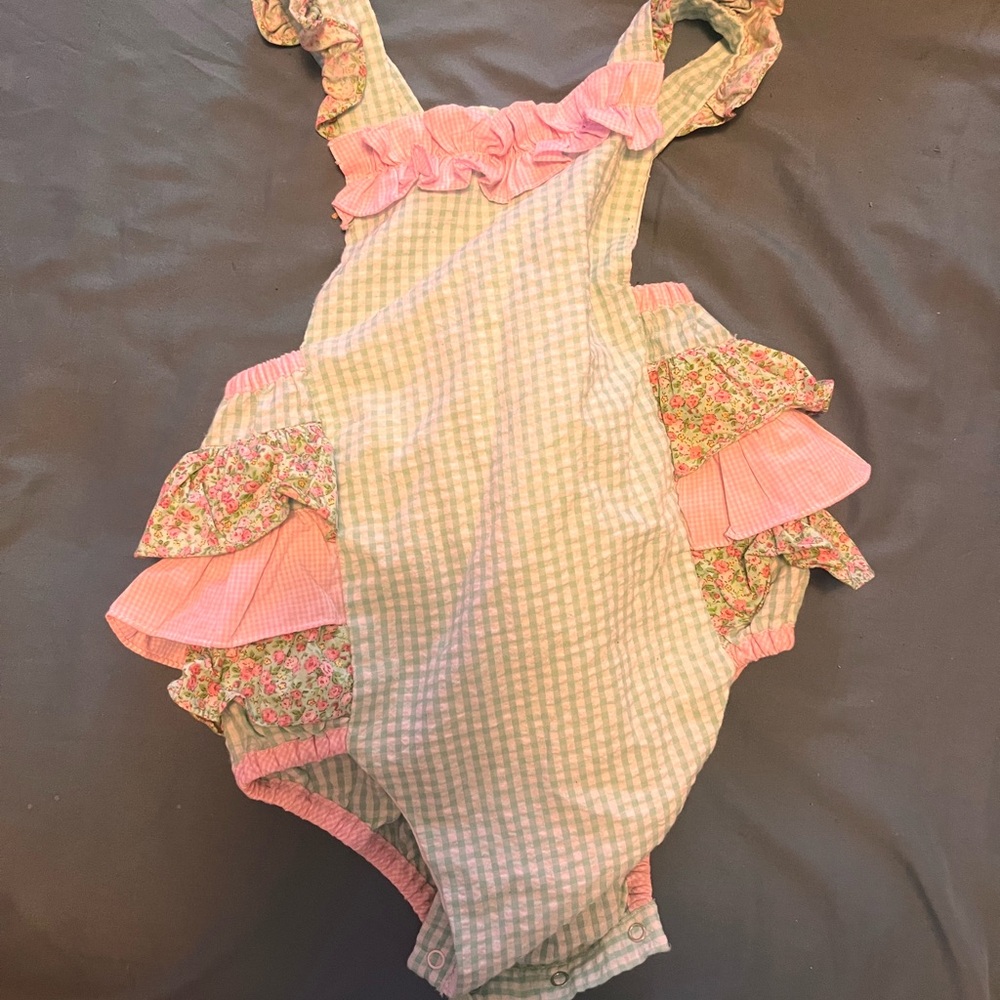 Classic Pink and Green Gingham Bodysuit with Ruffle Accents
